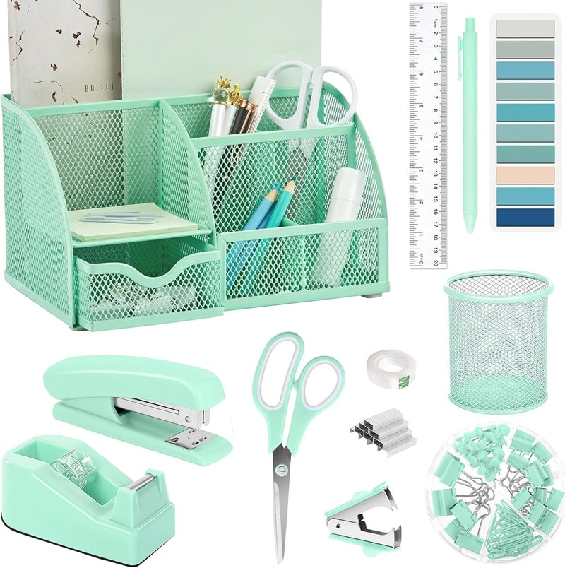 Scindaly Green Office Desk Accessories Supplies, 12pcs Desk Organizers and Accessories with Tape dispenser and Stapler,Staples,Staple Remover,Pen Holder,Scissor,Ruler,Sticky Tabs,Tape,Ballpoint Pen,Clips Set - Image 1